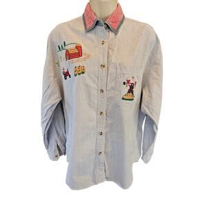 Vintage M embroidered chambray scarecrow farm  long sleeve graphic button up+